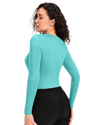 COZYFIT Underscrub Long Sleeve Women, Scrubs Undershirts, High Crew Neck - color: Aqua Blue, size: X-Small