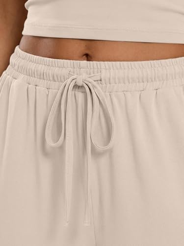 Trendy Queen Womens 2 Piece Lounge Set Summer Camisole Top & Wide Leg Pants - color: Beige, size: Medium