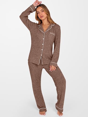 ANRABESS Women 2 Piece Pajama Lounge Sets 2026 Fall Outfits - color: Brown, size: Medium