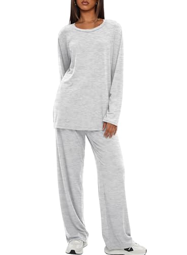 Darong Womens 2 Piece Fall Lounge Sets Oversized Tops Wide Leg Pants - color: White Grey, size: XX-Large