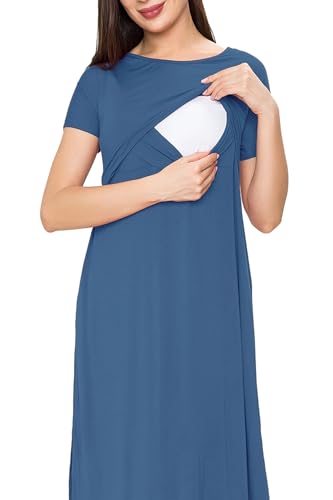 Smallshow Women's Maternity Nursing Dresses Split Long Dress for Breastfeeding - color: Dusty Blue, size: X-Large