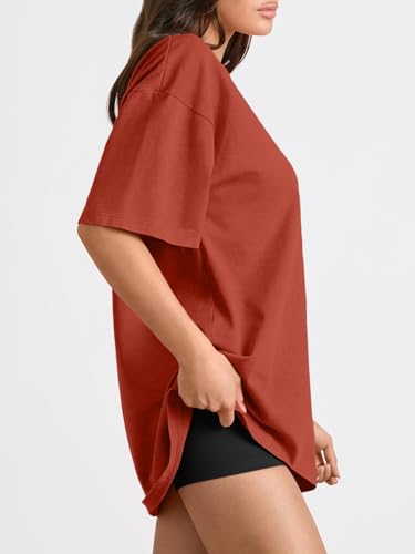 Trendy Queen Womens Oversized T-Shirts Short Sleeve Crew Neck Summer Tops - color: Brickred, size: Large