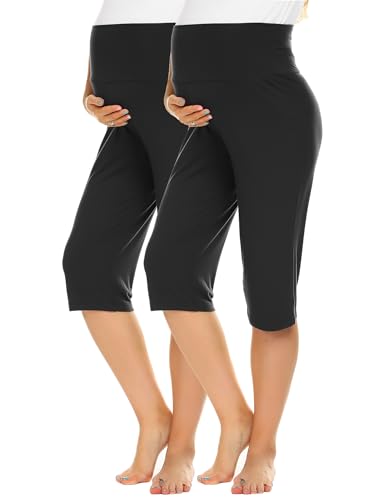 Ekouaer 2 Pack Maternity Capris Pregnancy Cropprd Pants Summer Shorts - color: Black/Black, size: Small