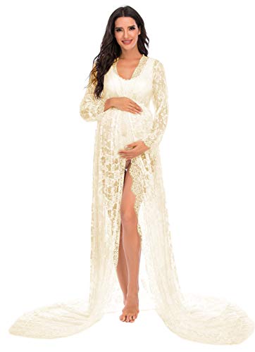ZIUMUDY Maternity Deep V-Neck Split Front See-Through Maxi Lace Dress for Photography with Long Sleeve - color: Apricot, size: Small