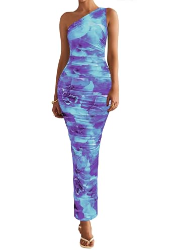 PRETTYGARDEN One Shoulder Maxi Dress Ruched Printed - color: Floral Blue, size: Small