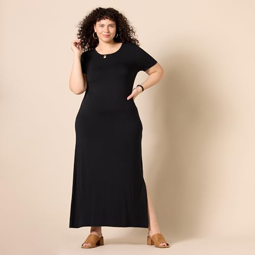 Amazon Essentials Women's Jersey Standard-Fit Short-Sleeve Crewneck Side Slit Maxi Dress - color: Black, size: Medium