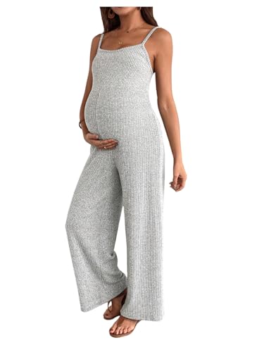 MakeMeChic Women's Maternity Cami Jumpsuit Ribbed Pregnancy Overalls Romper - color: Grey, size: Small