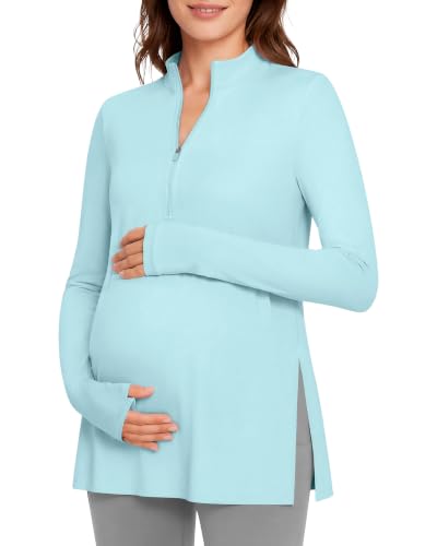 G4Free Lightbreeze Maternity Shirts Long Sleeve Half Zip Mock Neck Yoga - color: Light Blue, size: Small