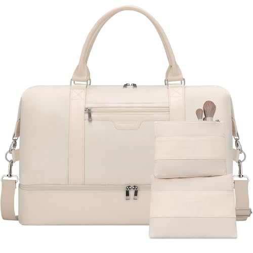 Oeihuivt Weekender Bags for Women - 21 Inch Large Travel Duffel Bag 3-Piece Set with Shoe Compartment, Heavy-Duty Canvas & Leather Carry On Overnight Tote (Airplane Approved) - color: Beige-A