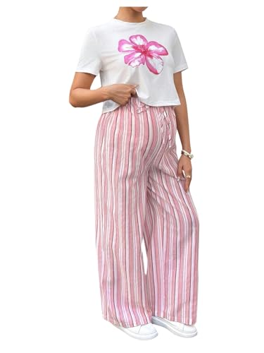 MakeMeChic Women's Maternity 2 Piece Summer Outfits Floral Short Sleeve Tee and Striped Pants Pregnancy Sets - size: X-Large