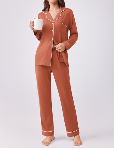 Ekouaer Womens Pajamas Set Button Down Long Sleeve Top & Pants Lounge Sets - color: Caremel, size: Medium
