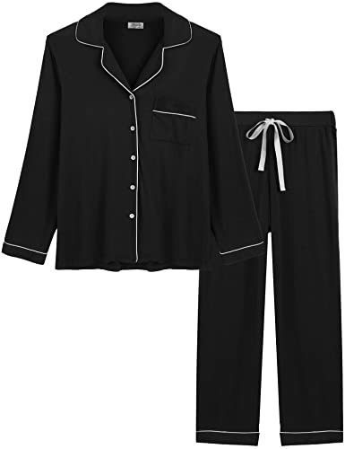 Cherrydew Women's Bamboo Viscose Cooling Long Sleeve Button Up Pajama Set - color: Black, size: XX-Large