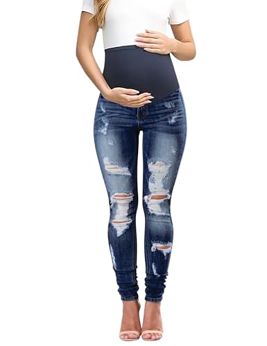 Maternity Jeans Over The Belly Slim Stretch Maternity Work Pants and Pocket - color: Dark Blue, size: Large