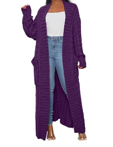Womens Thin Stylish Cable Knit Dual Extra Long Maxi Cardigan with 2-Pockets - color: Cardigan-purple, size: Medium