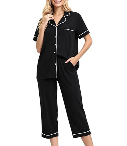 ENJOYNIGHT Womens Pajama Set Capri Short Sleeve Button Down Pj with Pocket - color: Black, size: 3X-Large