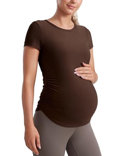 CRZ YOGA Maternity Side Ruched T-Shirt - color: Coffee Brown, size: Small