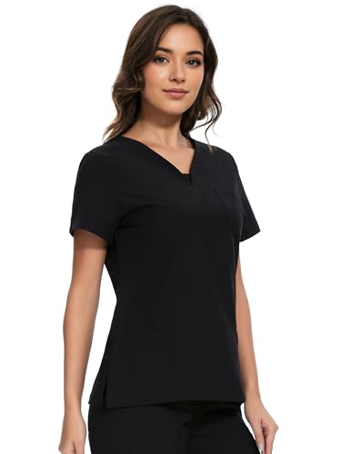 Scrubs for Women - V-Neck Women Scrub Tops - color: Black, size: Medium