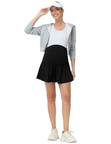 Foucome Womens 2 in 1 Maternity Athletic Shorts with Liner Pockets - color: Black, size: Medium