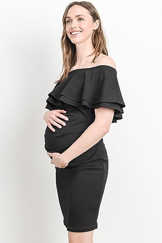 LaClef Women's Off Shoulder Maternity Dress with Double Ruffle - color: Black, size: X-Large