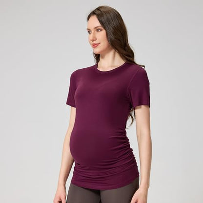 netdraw Buttery Soft Bamboo Viscose Maternity T Shirt, Pregnancy Short Sleeve Side Ruched Casual Tops - color: Claret, size: Large