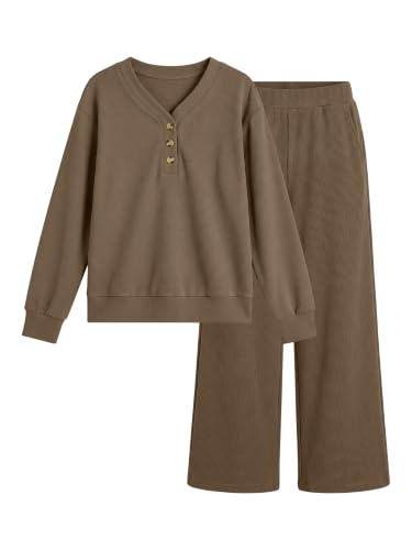 ANRABESS Womens Lounge Sets Waffle Fall 2 Piece Travel Outfits - color: Khaki, size: Medium