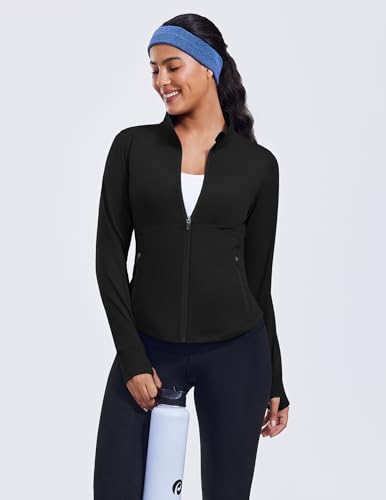 PINSPARK Women's Cropped Workout Jacket Lightweight Full Zip Running Jacket - color: Black, size: Large