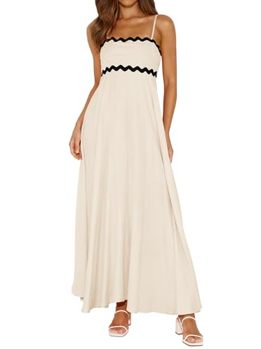 PRETTYGARDEN Women Spaghetti Strap Boho Maxi Dresses Flowy - color: Beige, size: X-Large