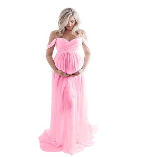 Off Shoulder Open Belly Split Front Tulle Maternity Dress for Photoshoot - color: Pink, size: Large