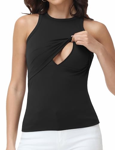 V VOCNI Racerback Nursing Tank Tops Sleeveless Breastfeeding Shirt - color: Black, size: Small