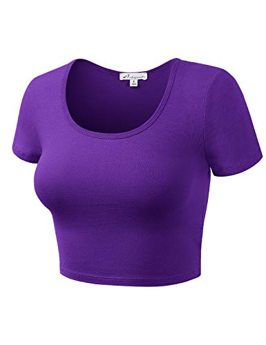 Women Cotton Scoop Neck Crop Tops Short Sleeve Basic Casual Shirts - color: 939-purple, size: X-Small