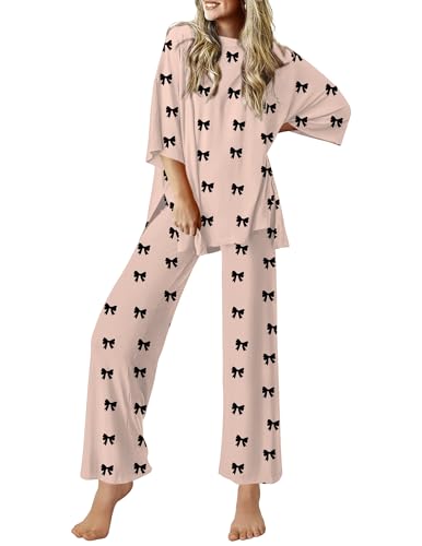 Ekouaer Lounge Sets for Women Soft Comfy Pajama Set 2 Piece Outfits - color: Beige Bow, size: Medium