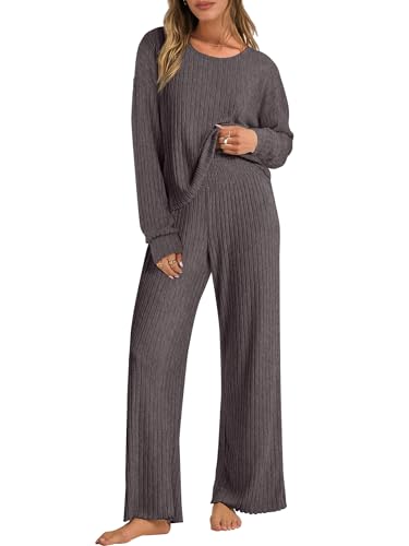 ANRABESS Women 2 Piece Lounge Pajamas Sets Casual Fall Outfits - color: Dark Brown, size: Small