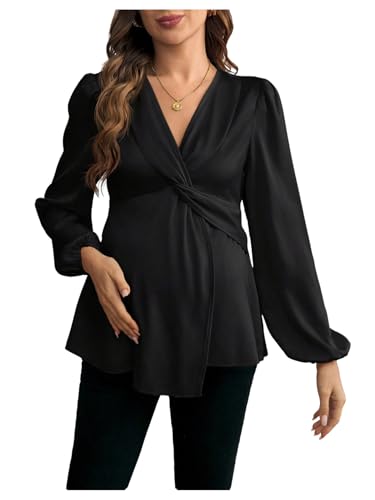 MakeMeChic Women's Maternity Shirts Blouse Satin Work Clothes Babydoll Tops - color: Black, size: X-Large