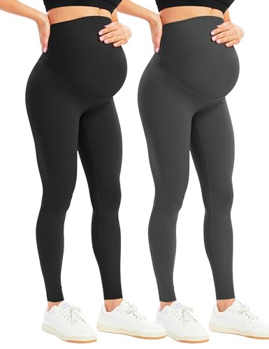 BONVIGOR Maternity Leggings for Women Over the Belly - color: No Pockets - Black/Dark Grey, size: Large
