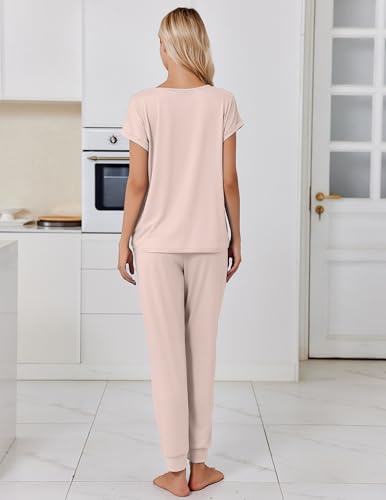 Ekouaer Womens Pajama Sets 2 Piece Lounge Set Short Sleeve Jogger Pants Pjs - color: Champagne, size: Small