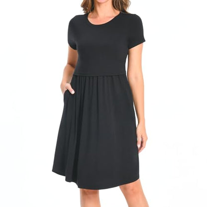 Bearsland Women's Short Sleeves Maternity Dress Nursing Breastfeeding Dresses with Pockets - color: Black, size: Medium