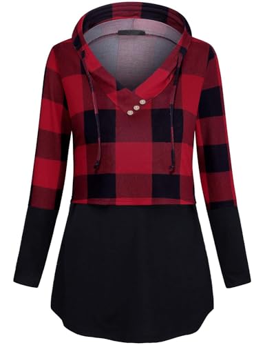 Quinee Women's Long Sleeve Plaid Colorblock Nursing Pullover Hoodie Sweatshirts - color: A Black Red Plaid 2, size: X-Large