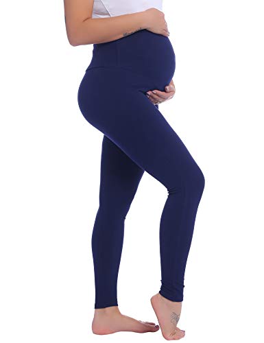 Joyaria Cotton Maternity Leggings Over The Belly Pregnancy Tight Pants - color: Navy Blue, size: Small