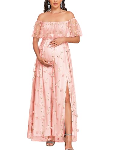 AISWI 3D Floral Maternity Dress Off Shoulder Mesh Ruffle Pregnancy Maxi Gown with Split Photoshoot Baby Shower Wedding - color: Blush Pink, size: XX-Large