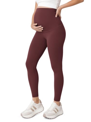 ODODOS Women's Maternity Leggings 25" - Buttery Soft Over The Belly Pregnancy Lounge Yoga Pants - color: Burgundy, size: Large