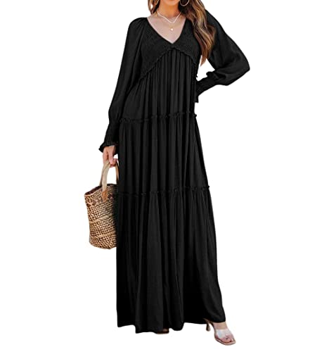 R.Vivimos Long Sleeve V Neck Flowy Maxi Dresses for Women - color: Black, size: Medium