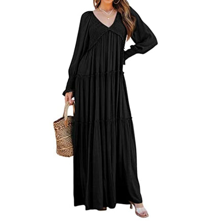 R.Vivimos Long Sleeve V Neck Flowy Maxi Dresses for Women - color: Black, size: Medium