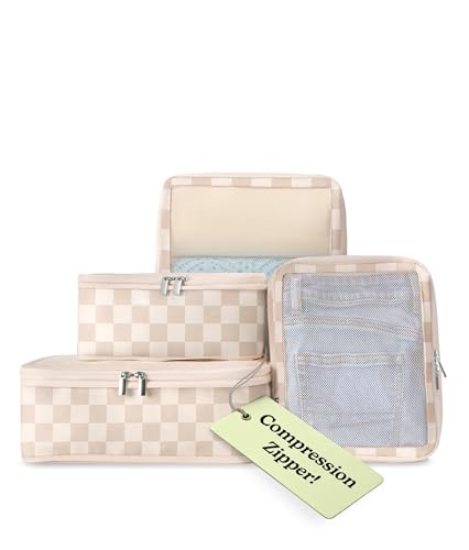 Vandel Space-Saving Compression Packing Cubes for Women 4-Pack Compressible - color: 2. Neutral Checker, size: 4 Pack (Compression)