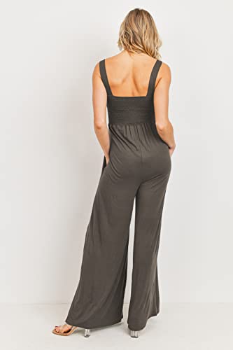Women's Maternity Sleeveless Jumpsuit Romper with Smocked neck and pockets - color: Cocoa, size: Medium
