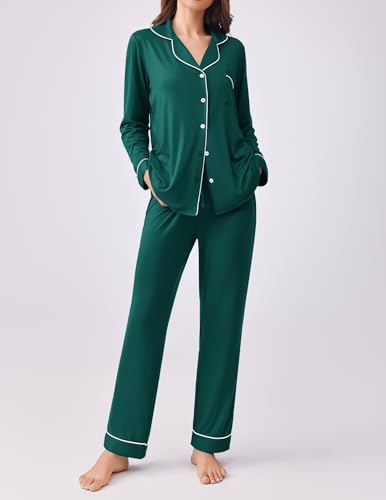 Ekouaer Womens Pajamas Set Button Down Long Sleeve Top & Pants Lounge Sets - color: Blue Green, size: Medium