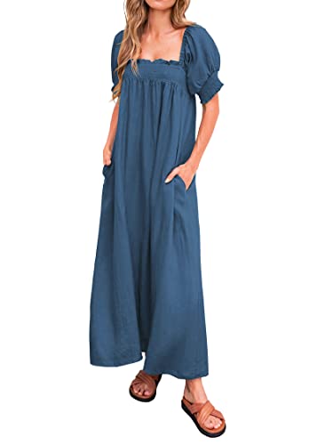 KIRUNDO Women Summer Maxi Dress Puff Sleeve Long Dresses - color: Dark Blue, size: Medium