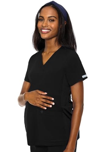 Med Couture Touch Maternity Scrub Top Womens V-Neck 2 Pockets Pregnancy Fit - color: Black, size: X-Small