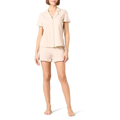 Amazon Essentials Women's Cotton Modal Piped Notch Collar Ruffle Pajama Short Set (Available in Plus Size) - color: Beige, size: XX-Large