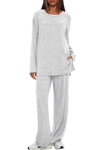 Darong Womens 2 Piece Fall Lounge Sets Oversized Tops Wide Leg Pants - color: White Grey, size: Small