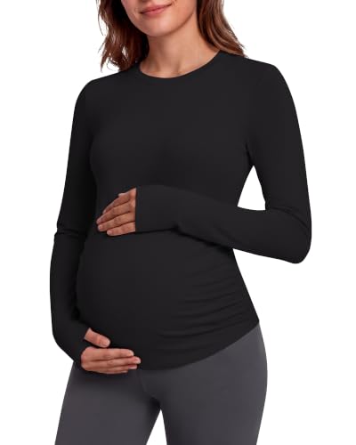 G4Free Lyocell Maternity Long Sleeve Shirts Ruched Crewneck Pregnancy Top - color: Black, size: XX-Large